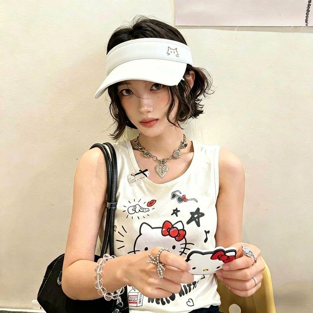 Cute Kitten Cartoon Empty Top Hat Female Summer Sunshade Sunscreen Ponytail Student Outdoor Sweet Sun Hat
