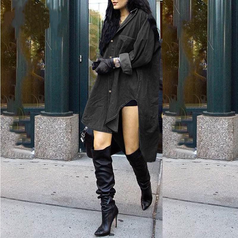 

Women s European & American Style Denim Long Sleeve Irregular Side Shirt Jacket S