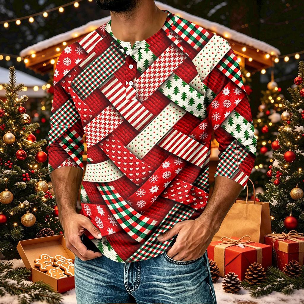 Men's Casual Raglan Three-Quarter Sleeve Shirt with Christmas Print