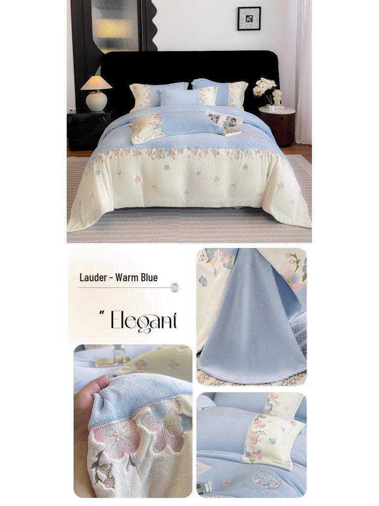 Embroidered Extra Thick Milk Velvet Four-Piece Winter Bedding Set—Duvet & Fitted Sheet, Full Matte Double Color