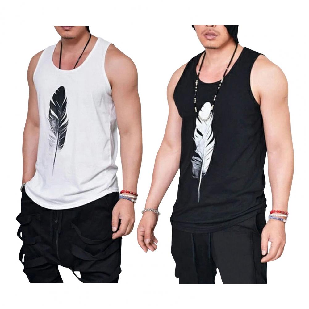 Men Summer Vest Round Neck Sleeveless Top Feather Print Racerback Vest Quick-Drying Wide Shoulder Straps Tank Tops
