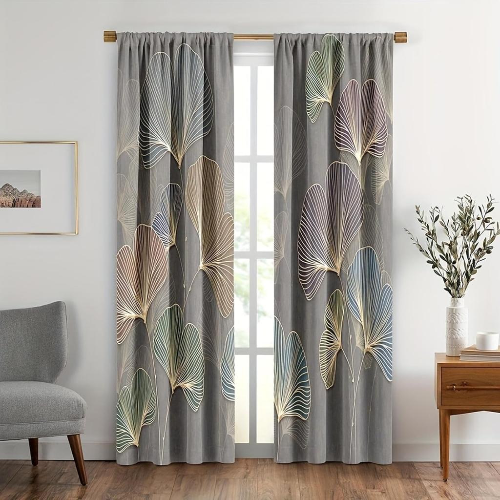 Flat Curtains Made Polyester Material Featuring Line Fan Leaf Printing Art Design Suitable Bedrooms Home Curtain Set Of 2 Washable Master Bedroom