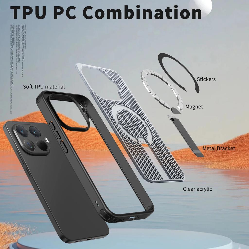Magnetic Armor Phone Case For Xiaomi 15T Pro 14T 17 Pro 17Pro Max Hole Design Metal Bracket TPU Frame Acrylic Plastic Back Cover