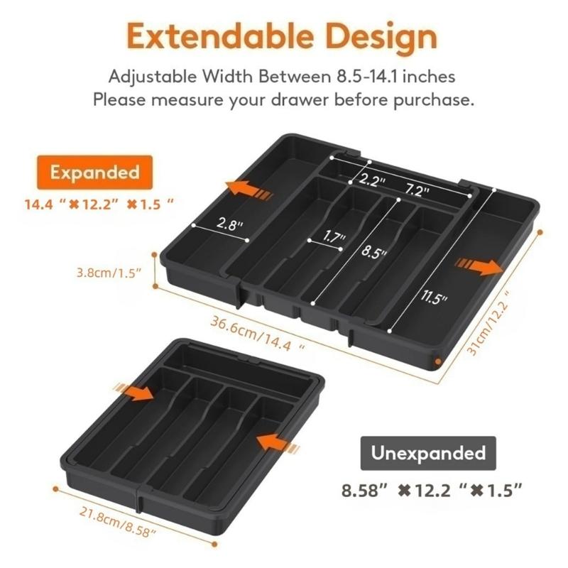Cutlery Divider Tray for Kitchen Drawer Storage, Expandable Flatware Layout with 4 Compartment Access for Home