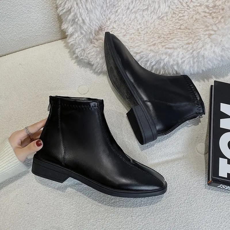 Fashion 2024 Spring and Autumn Fashion British Zipper Design Women's Short Boots Simple Solid Color Square Toe Thick Heel Chelsea Boots