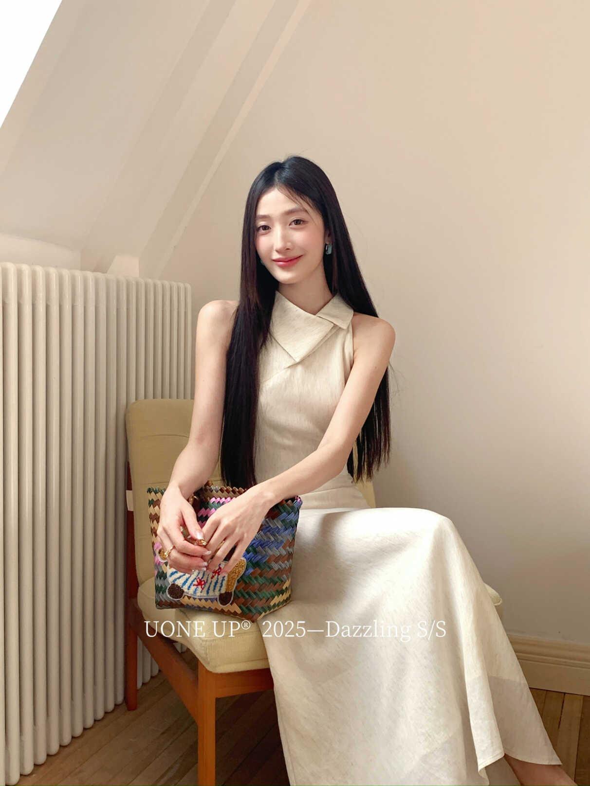 

UONE2025 Summer Irregular Lapel Korean-Style Slimming Long Dress for Women Medium абрикосовый