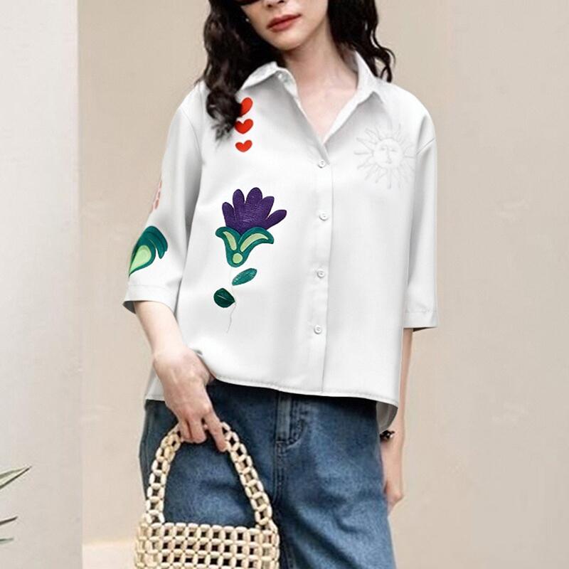 

ZANZEA Женская повседневная блузка с отложным воротником, свободная, с рукавом три четверти, с принтом 4XL белый