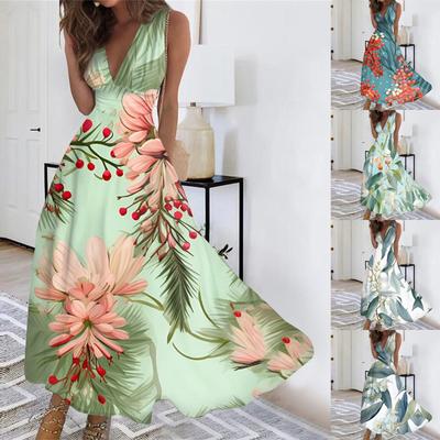 Women's Long Casual Dress Summer Sleeveless V-Neck Waist Retraction Printed Dress