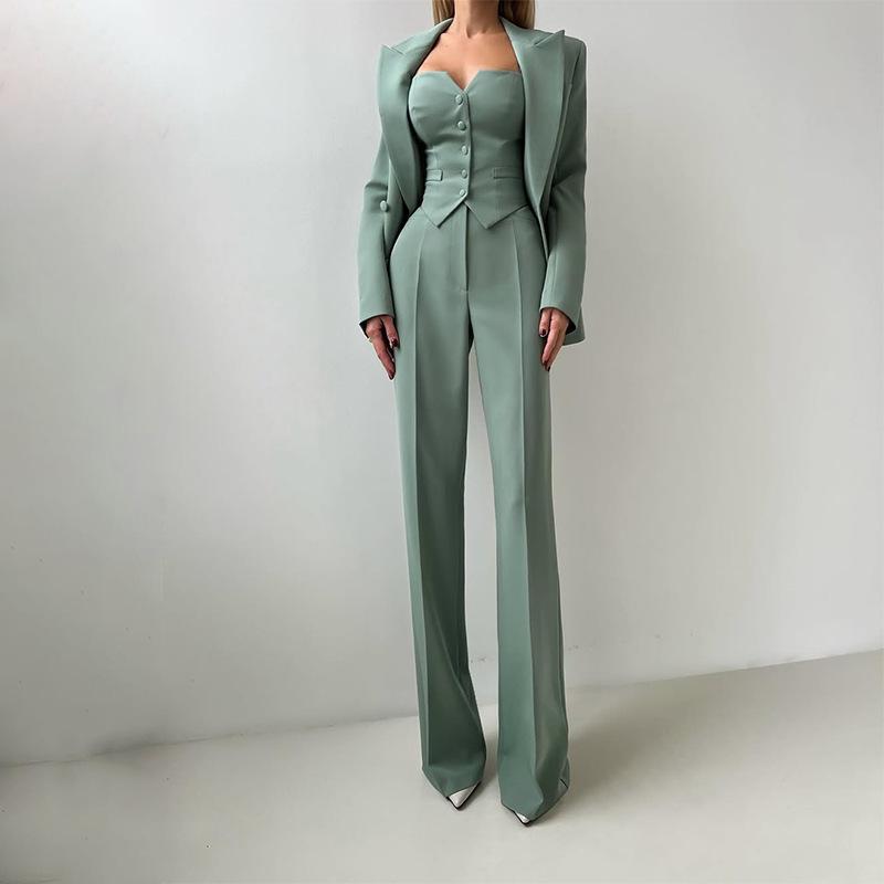 2025 Spring Europe, America, Amazon Cross-border Women's Clothing Commuting Versatile Temperament Skinny Solid Color Suit Three-piece Set
