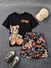 Neues Herren Sommer Teddybär Graffiti Print Weiches Atmungsaktives Rundhals T-Shirt mit Kordelzug Shorts Set Freizeitkleidung für Draußen