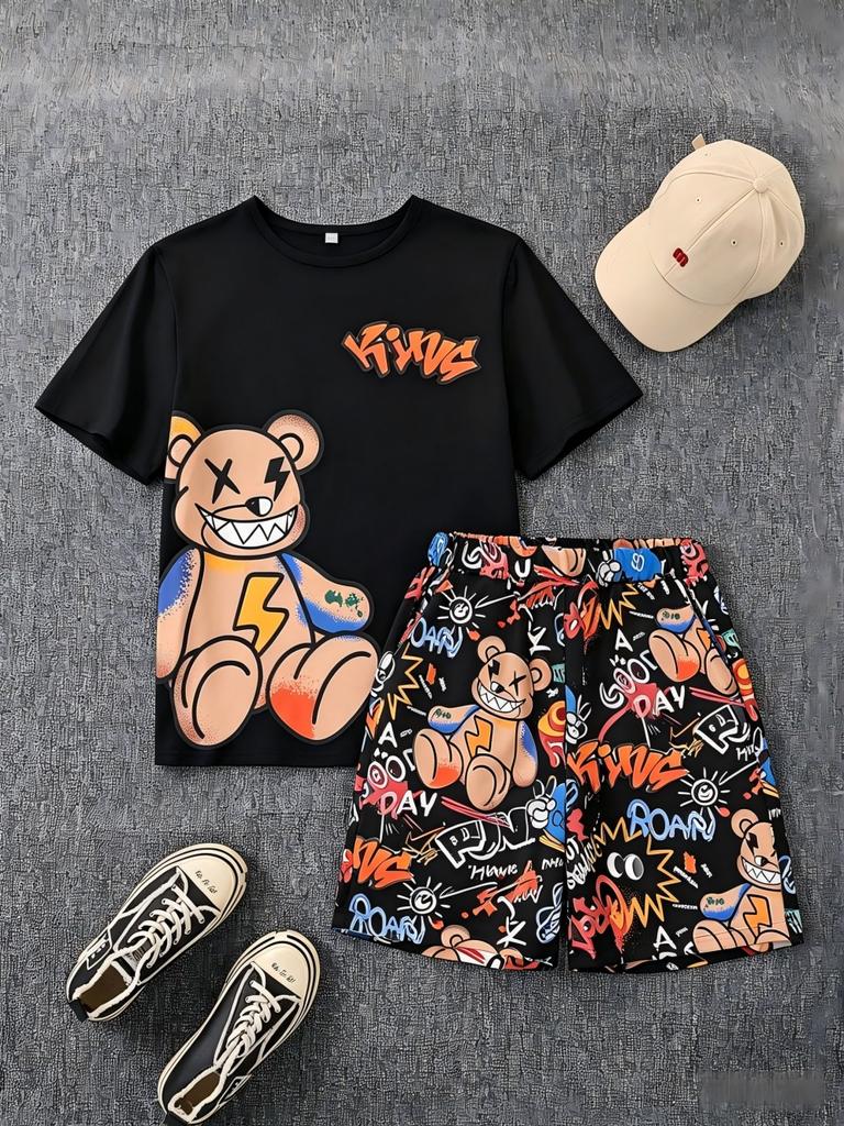 Neues Herren Sommer Teddybär Graffiti Print Weiches Atmungsaktives Rundhals T-Shirt mit Kordelzug Shorts Set Freizeitkleidung für Draußen