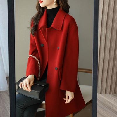 Women Jacket Turn-down Collar Long Sleeves Double-breasted Windbreaker Loose Pockets Mid Length Outdoor Travel Commuting Overcoat