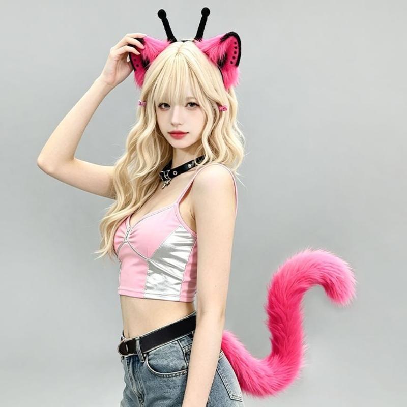 Furry Faux Furs Cats Ears Headbands Foxes Tail Animal Cosplay Costume Plush Alien Creature Costume Accessory for Roleplay Looks, Cosplay Gatherings,