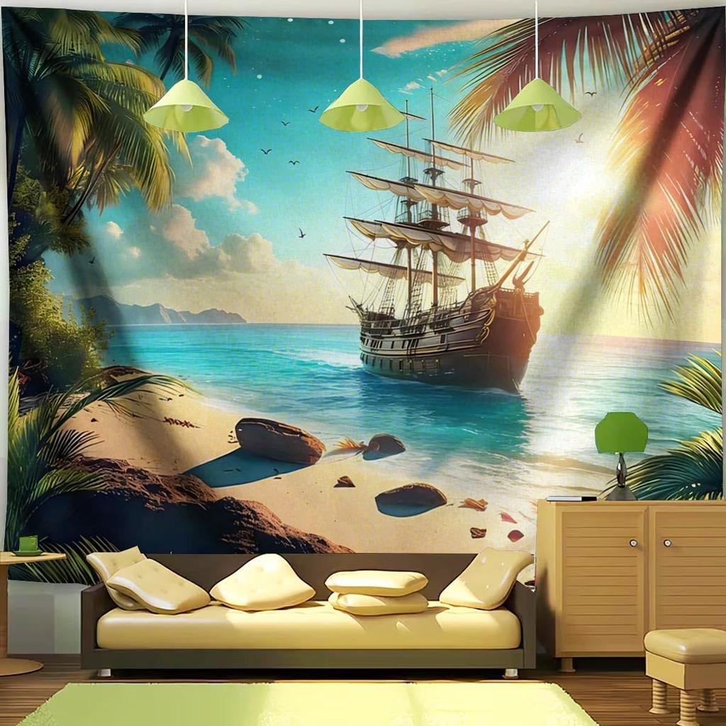 Nautischer Wandteppich Vintage Geistersegelboot Wandkunst Fantasie Meeresstrand Szenerie Nautisches Piratenschiff Welle Segeln Wandbehang