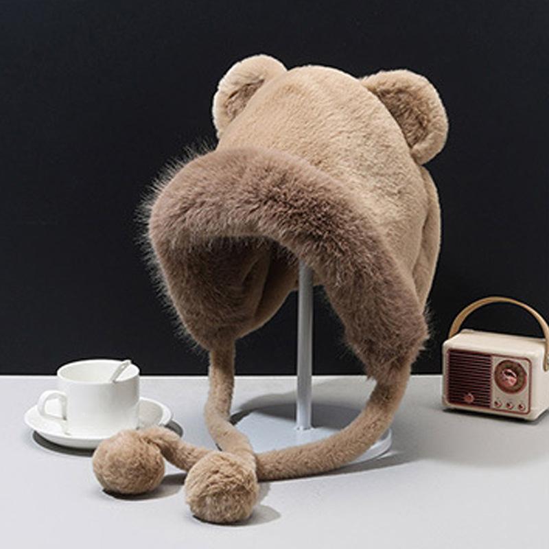 Autumn and Winter Korean Version of Cute Bear Plush Hat for Women Thickened Warm Windproof Ear Protection Lei Feng Hat Showing Face Small Hood
