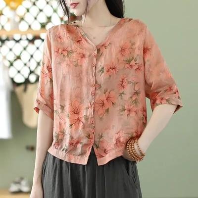 Women Printed Vintage Women's V-Neck Tops Casual Loose Cotton Linen Thin Section Half Sleeve Shirt
