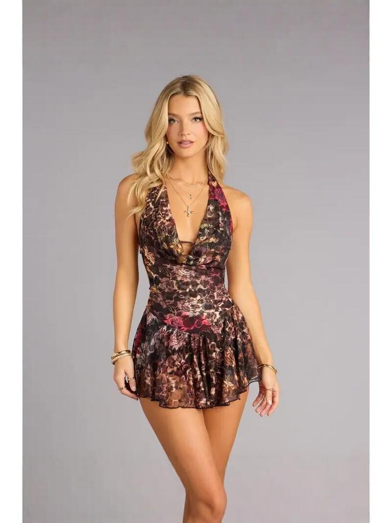 Europe Cross-border Leopard & Floral V-neck Backless Lace-up Sexy Short Skirt Dress