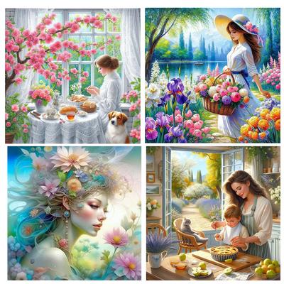 5D DIY Cartoon Square Diamond Painting Kit Woman And Flower Cross Embroidery Handmade Renovation Mosaic Art Gift 2024 New