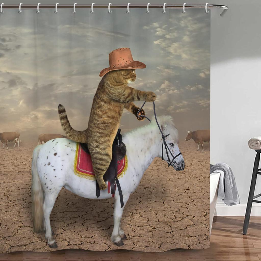 Funny Animals Shower Curtain,Cat Cowboy With Rifle Rides A Horse On Green Grass Ranch With Cow Dog Shower Curtains For Bathroom