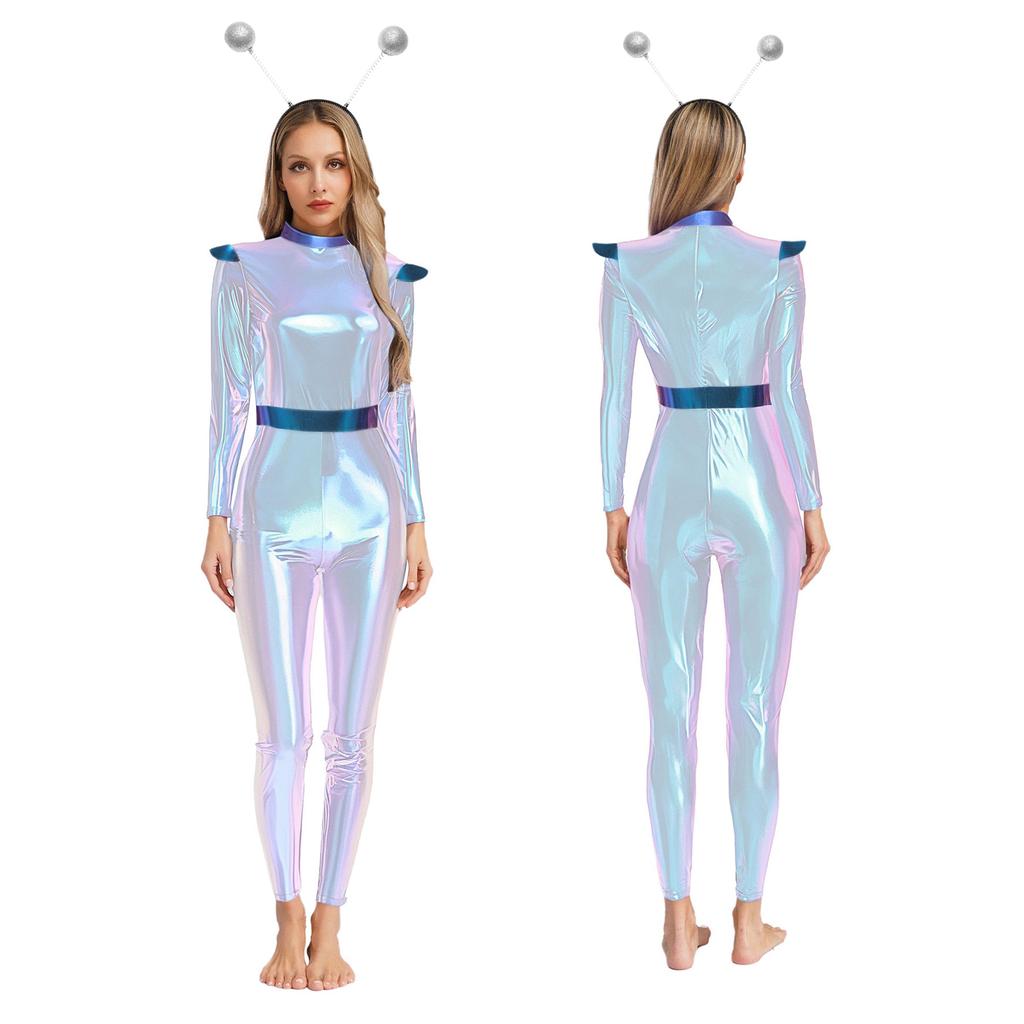 S-3XL Womens Alien Robot Astronaut Cosplay Jumpsuit with Headwear Long Sleeve Full-body Metallic Shiny Unitard for Halloween Theme Party