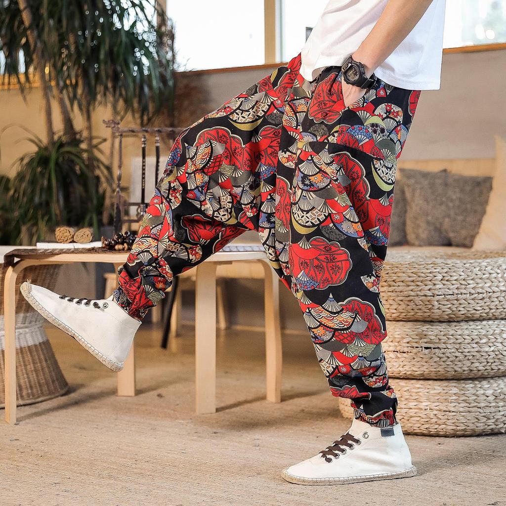 Men Harem Pants Print Retro Drop Crotch Joggers Trousers Men Baggy Loose Nepal Style Men Casual Pants