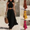 Comfortable Summer Pants Women's 2 Piece Outfits, High Neck Halter Sleeveless Top And Slimming Loose Trousers Wide Leg Matching Set, Beach Vacation