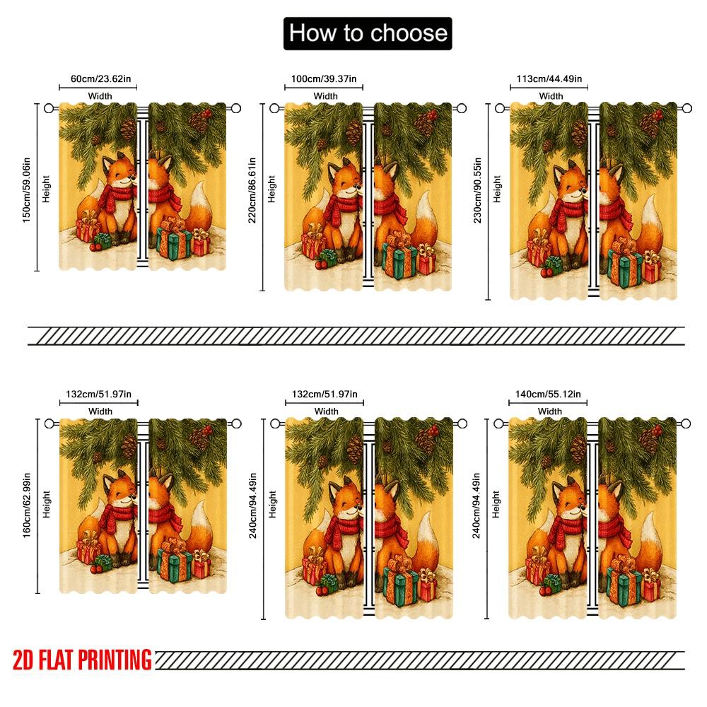 2pcs,2D Plane Printing Light Filtering Curtains Cozy Foxes In Red Scarves with Pine & Gifts Versatile Polyester (without Rod)