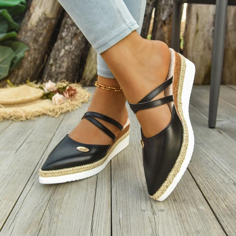 Fashion Baotou Rear Air Cool Mopping Summer New Pointed Toe Shallow Mouth Wedge Heel Light Hemp Rope Braiding Platform Shoes