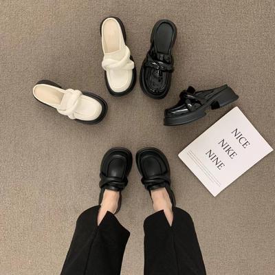 Black Spring New Casual Small Leather Shoes Retro Platform One Pedal Bag Head Half Slippers Women