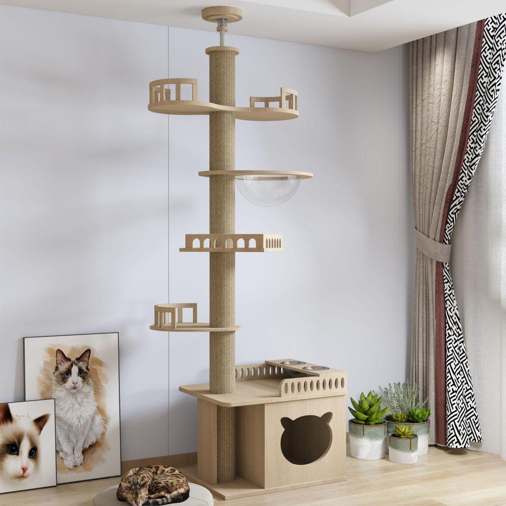Space-Saving Solid Wood Cat Tree Tower: Climbing Frame, Bed, and Jumping Platform for Small Apartments