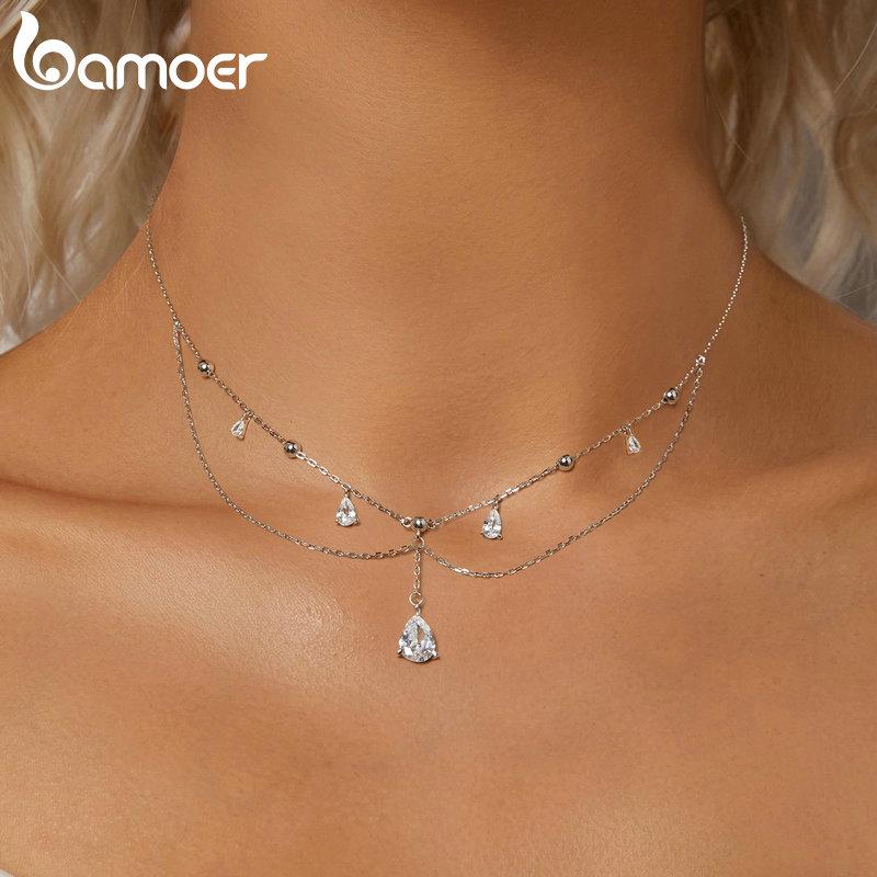 BAMOER 925 Sterling Silver Shining Droplet FringeTassel Pendant Necklace Double-layer Necklace for Women Fine Jewelry Gift