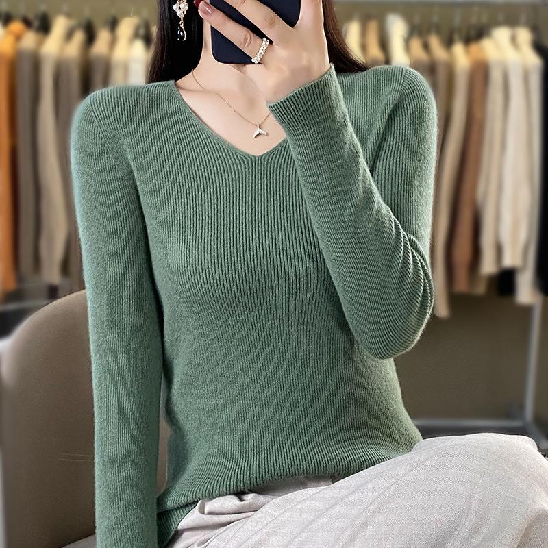 2024 Spring/Autumn Women's Slim Fit V-Neck Long Sleeve Knitwear - Korean Style Trendy Base Layer