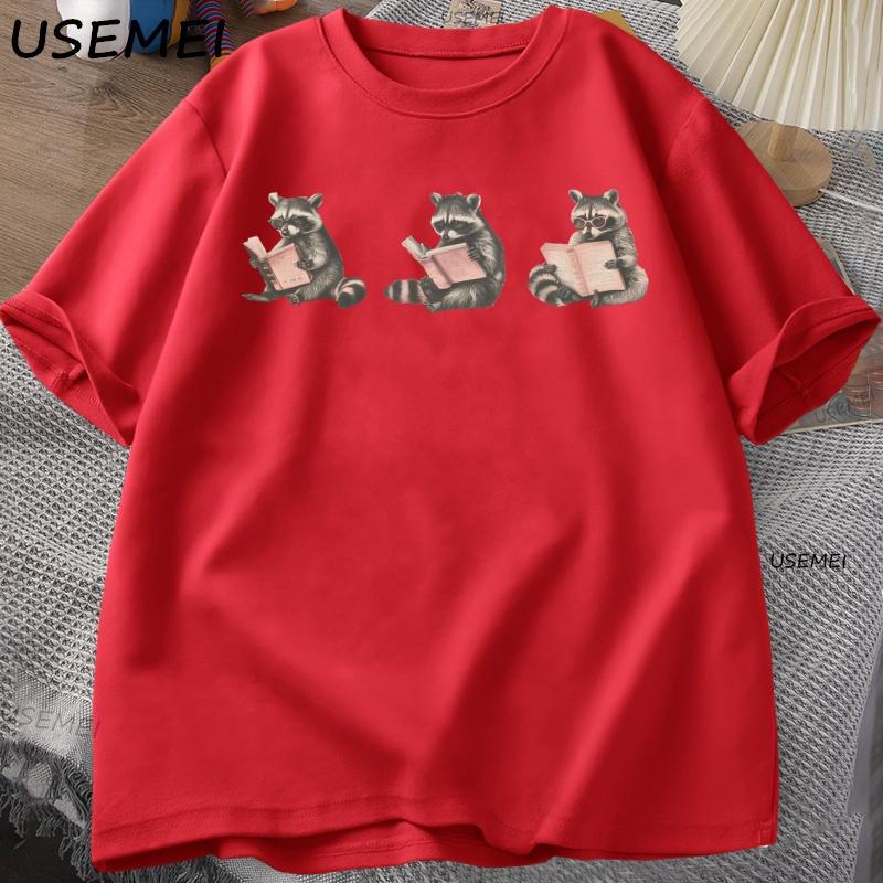 Funny Raccoon Bookish Tshirt Unisex Women Tee Book Lover Bookworm Tshirt Cotton Short Sleeve Round Neck T Shirt Librarian Clothes S