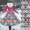 Women's Casual Hooded Dress Long-Sleeve V-Neck Patchwork Fleece Christmas Print Dress