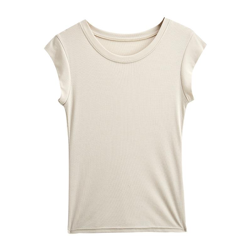 Summer Lyocell Tencel Shoulder Short Sleeve T-Shirt Women's Shoulder Width Slim Skinny High-end Xiaofei Sleeve Top