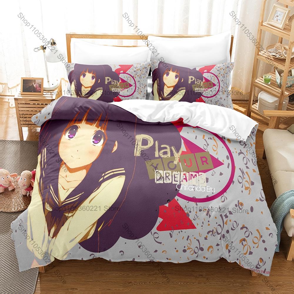 Cool Hyouka Bedding Set Duvet Cover + 2 Pillowcases Chitanda Eru Oreki Houtarou School Mystery Anime Bedroom Decor Kawaii Cute G