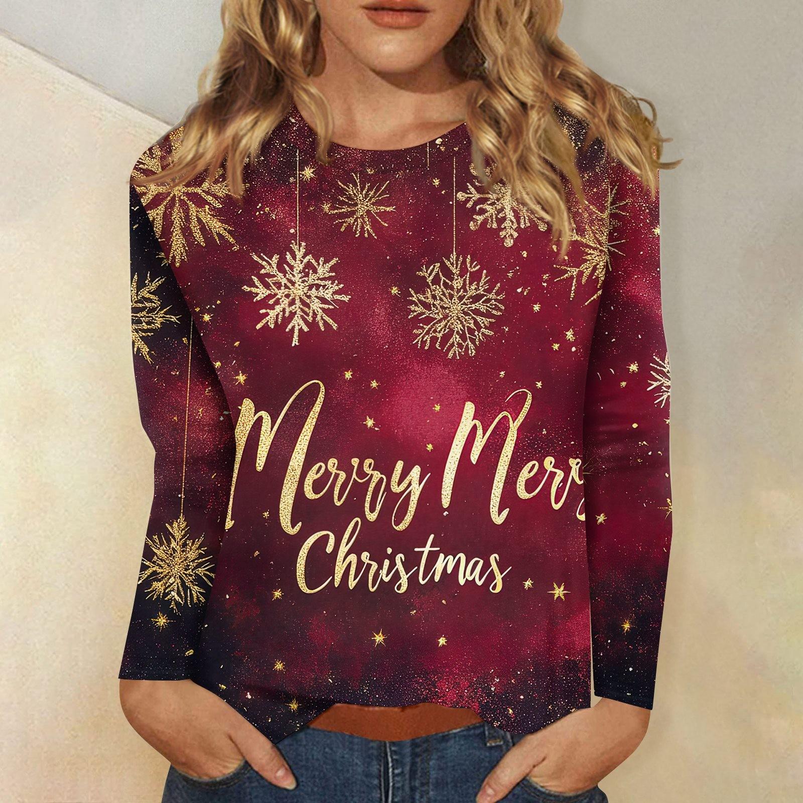 

Женская мода повседневный рождественский принт круглый вырез длинный рукав пуловер топ XXXL винный