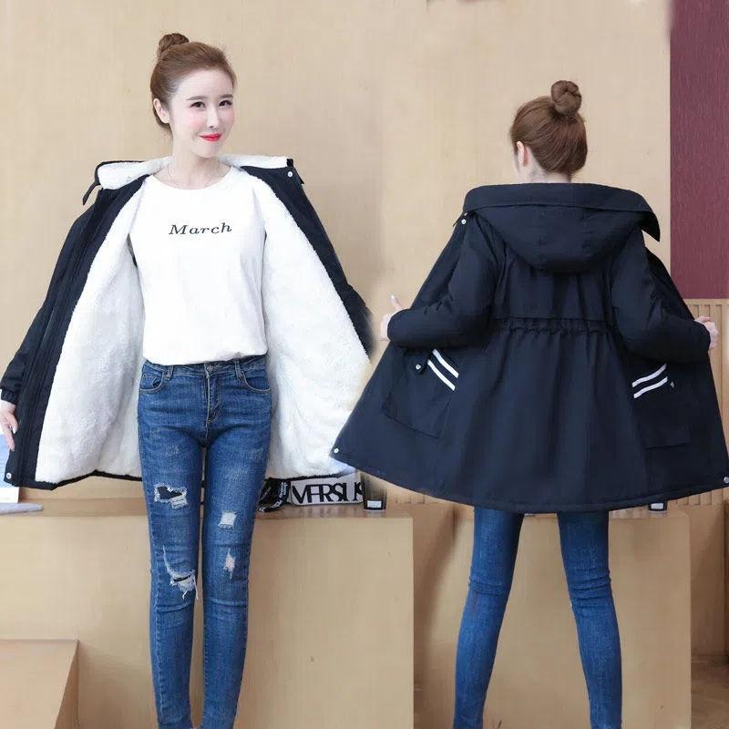 Thicken Windbreaker Women's Long Coat Winter Loose Hooded Jacket Autumn Casual Plus Velvet Female Black Trench Outwear Plus Size