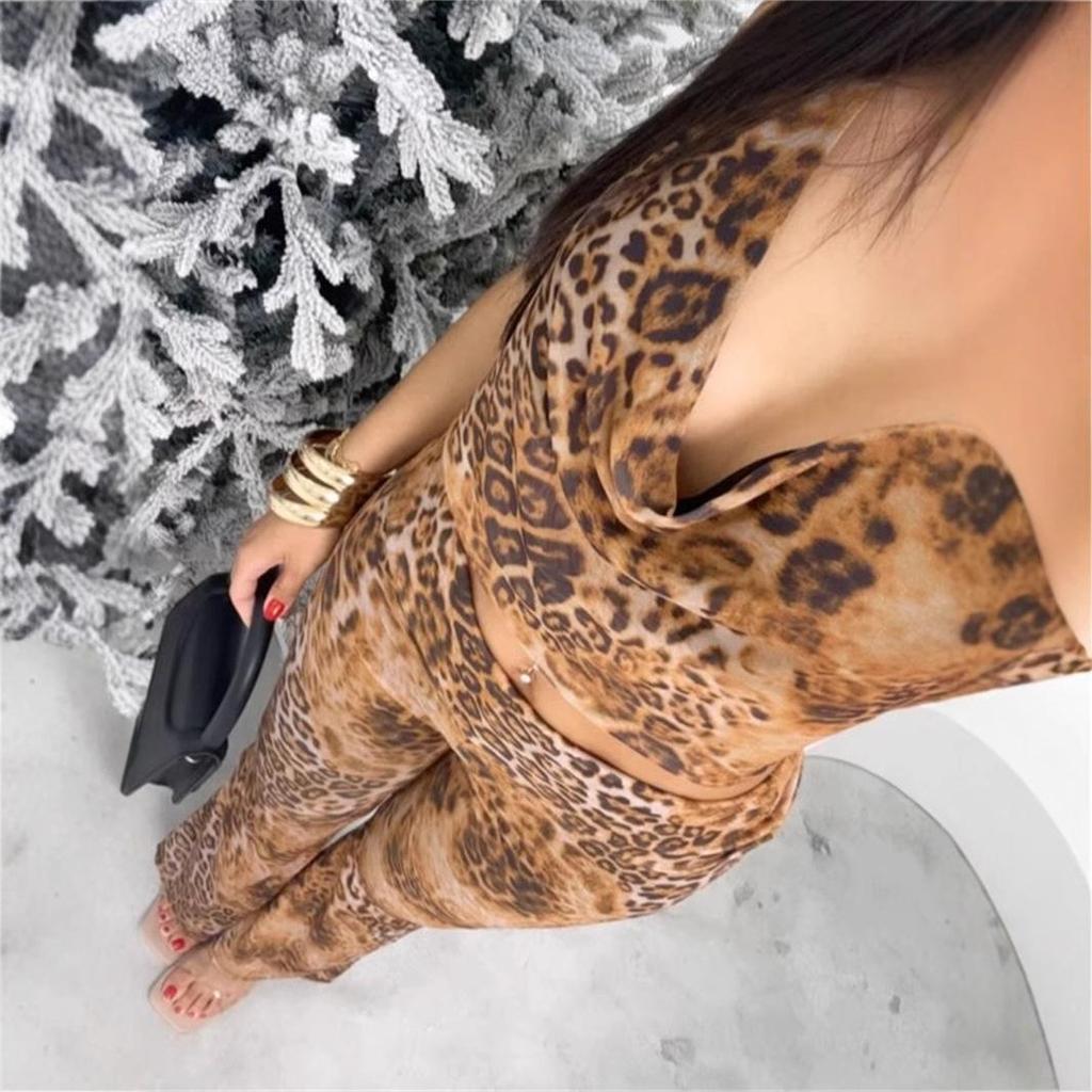 European & American Leopard Print Lace-up Halter Backless Top and Slim Long Pants Set