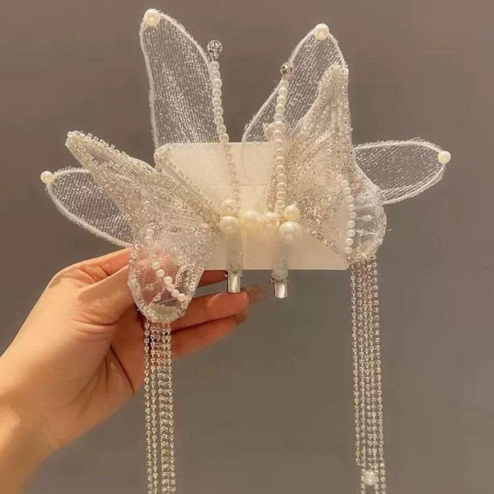Beaded Pearl Barrettes Tassel Duckbill Clips Sweet Butterfly Hair Clips  Headwear