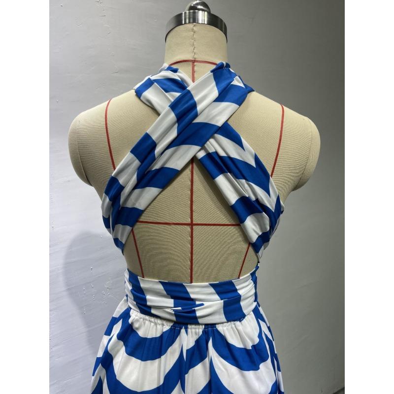 Women's Summer Sweet Stripe Hanging Neck High Waist Split Mid-Length Dresses