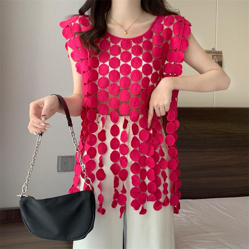 Dimanaf 2025 New T-Shirt Women Knitting Lace Vest Sleeveless Hollow Summer Style Basic Tops Tees Loose O-Neck