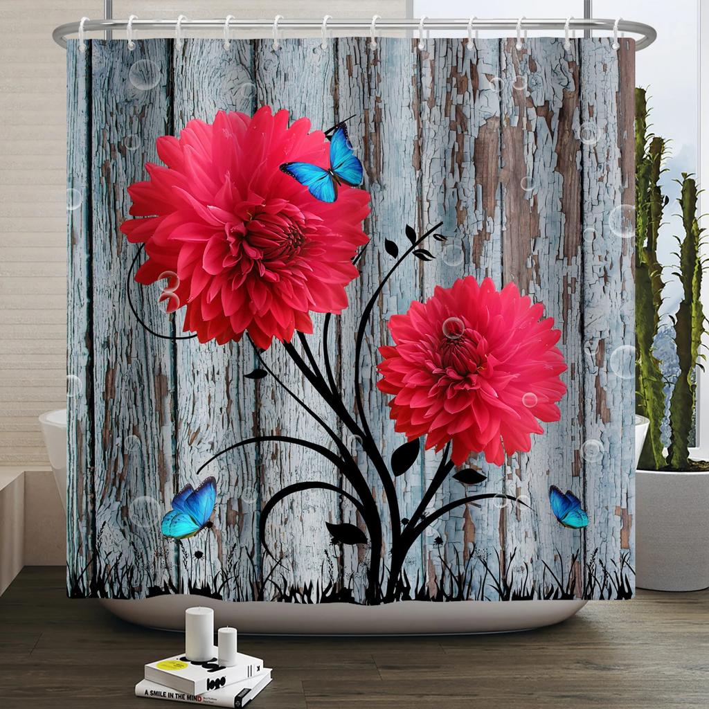 Rustic Sunflower Daisy Shower Curtain Butterfly Floral Vintage Country Farmhouse Flower Wooden Board Waterproof Bathroom Curtain