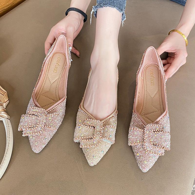 Fashion Classic Rhinestone Casual Single Shoe Women's Summer 2024 New Full Diamond Ladies Pointed Shallow Mouth Large Flat Shoes 41-43