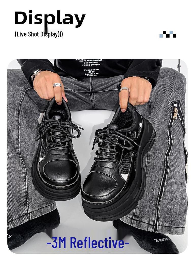 Men's Black Leather Height-Increasing Derby Shoes - 2025 Autumn/Winter Collection, British Style with Thick Sole