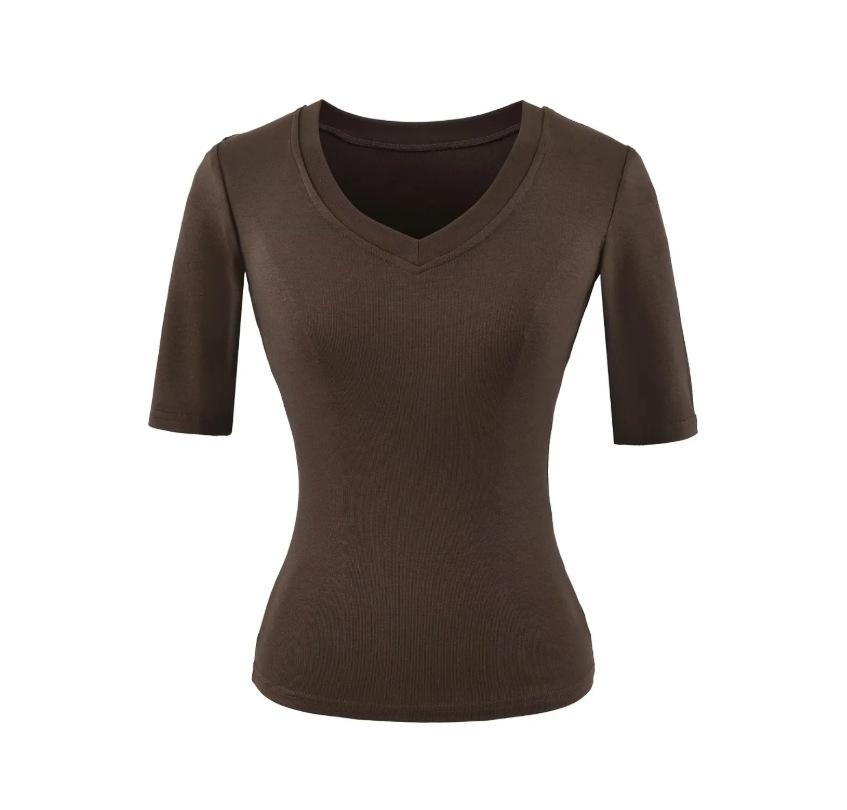 V-neck medium-sleeved T-shirt women's summer new American Spice Girl solid color slim-fitting and thin basic bottoming shirt top