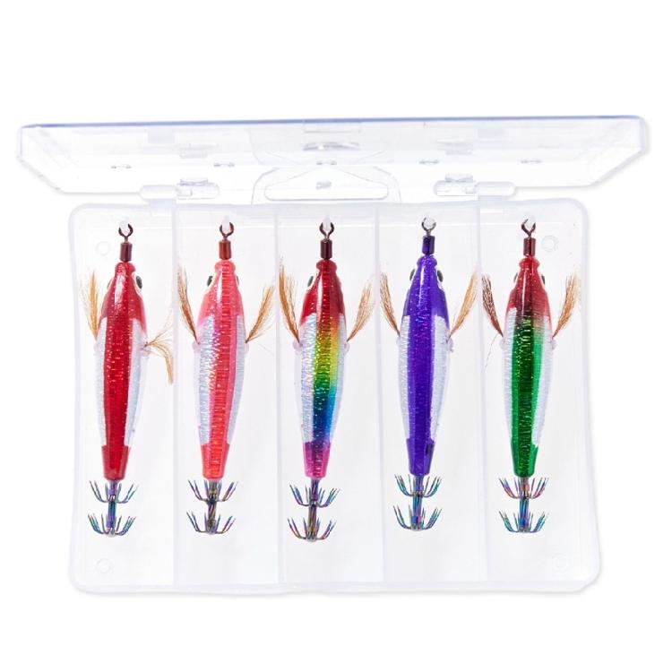 Squid Fishing Lure Set with 5 Solid Forms, Reflective Finish, Horizontal Sinking Action, Feather Skirts and Tail Point Design for Shoreline Use