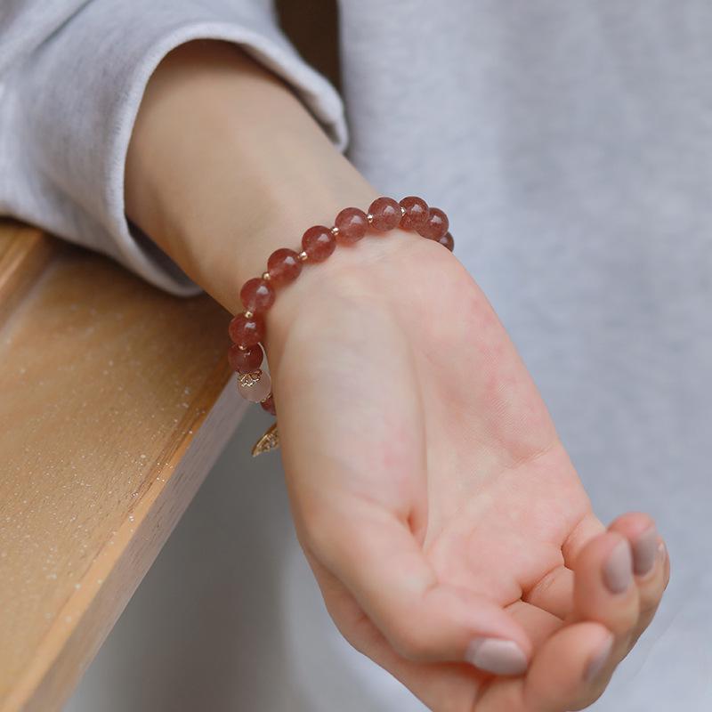 Women's 5A Grade Natural Strawberry Quartz Beaded Bracelet with Fishtail Charm - Cute & Sweet Crystal Jewelry