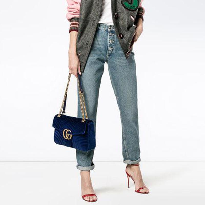 Gucci GG Marmont Marmont Gold Label Logo Quilted Velvet Chain Shoulder Crossbody Bag Small Women's Dark Blue Classic Recommendation