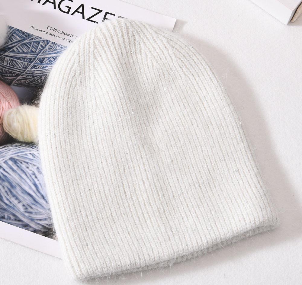 Angora Rabbit Fur Winter Woman Hat Cashmere Skullies Beanies Soft Solid Warm Fluffy Thick Sequins Knitted Hat Gift Wholesale
